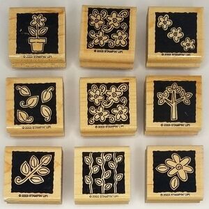 Stampin' Up! Nine Piece Retro 2003 "Garden Blocks" Wooden Rubber Stamp Set